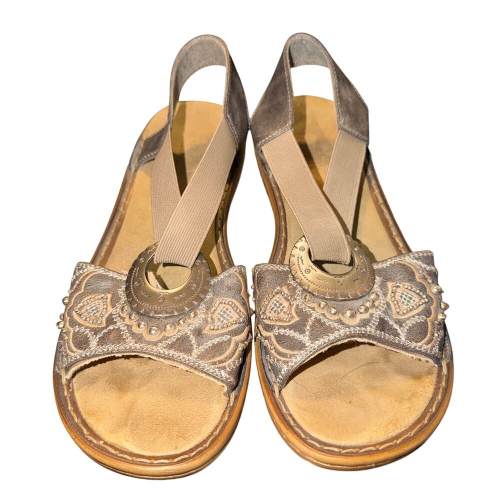 Rieker Regina Sandals Women's Sz 8 Gray Leather Embroidered Studded Comfort Boho